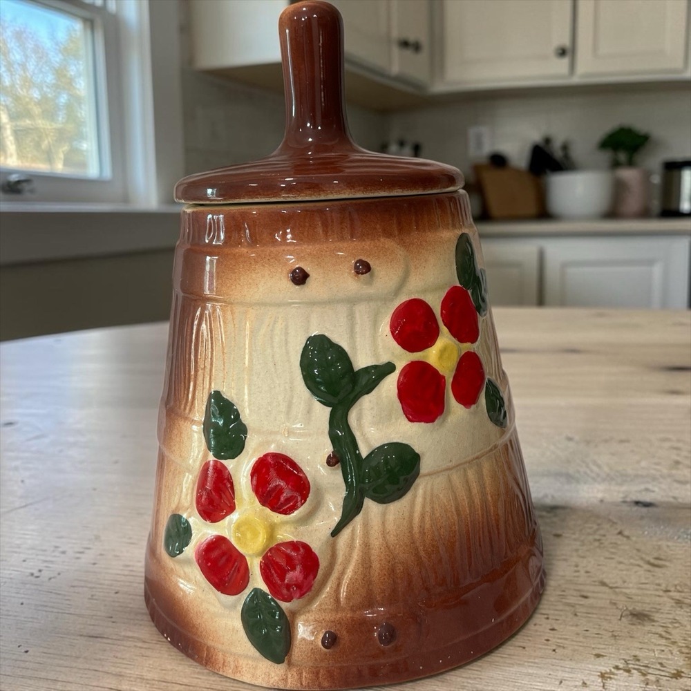 Vintage USA Ceramic Cookie Jar Canister Brown Floral Kitchen Storage 10"